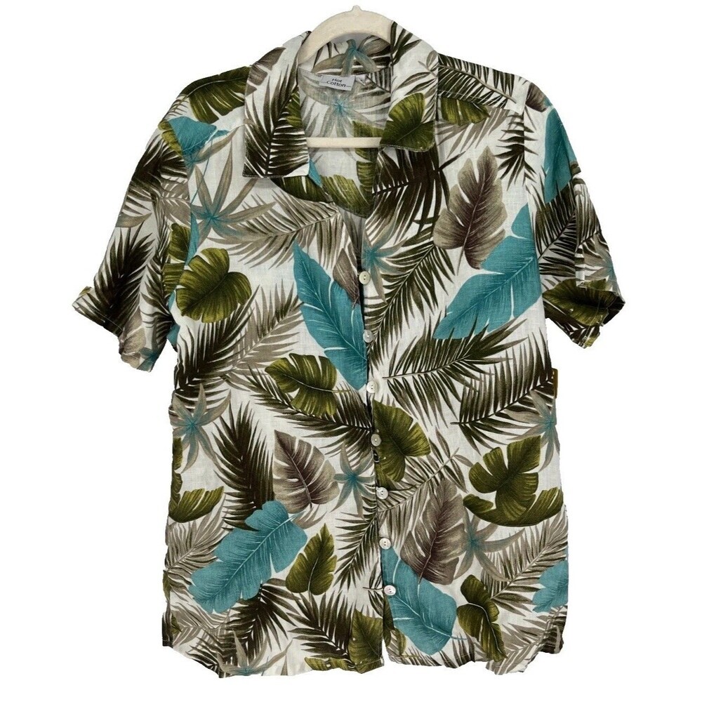 Hot Cotton Top Women Size XL Tropical Leaf Linen Coastal Grandma Botanical NEW